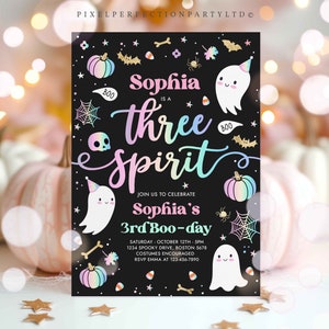 Editable Three Spirit Halloween Ghost 3rd Birthday Party Invitation Cute Pink Ghost 3rd Birthday Spooktacular Party Instant Download DQ