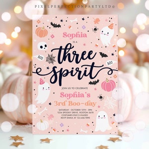 Editable Three Spirit Halloween Ghost 3rd Birthday Party Invitation Cute Pink Ghost 3rd Birthday Spooktacular Party Instant Download DS