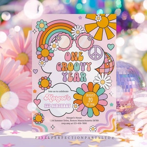 Editable One Groovy Year Birthday Party Invitation Groovy One 1st Birthday Peace Love Party Rainbow Hippie 1st Birthday Instant Download D0