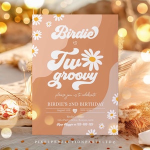 Editable Two Groovy 2nd Birthday Party Invitation Boho Retro Groovy Hippie Floral 70's Birthday Party Daisy Hippie Party Instant Download FR