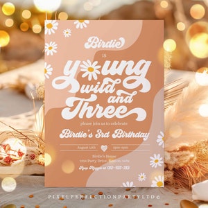 Editable Young Wild And Three 3rd Birthday Invitation Boho Daisy Wild & Three Groovy Hippie Floral 70&#39;s Hippie Party Instant Download FR
