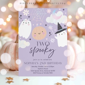 Editable Two Spooky 2nd Birthday Party Invitation Cute Pink Pastel Holographic Ghost Halloween Birthday Party Invite Instant Download 45D