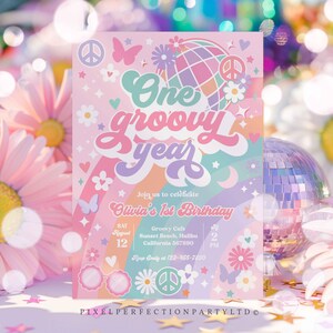 Editable One Groovy Year Birthday Party Invitation Groovy One Birthday Groovy Rainbow Party Hippie 70s 1st Birthday Instant Download J2Q