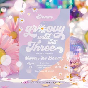 Editable Groovy Wild And Three 3rd Birthday Invitation Boho Daisy Wild & Three Groovy Hippie Floral 70&#39;s Hippie Party Instant Download D3