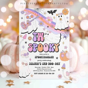 Editable Two Spooky Halloween Ghost 2nd Birthday Invitation Retro Groovy Rainbow Ghost Birthday Hippie Halloween Party Instant Download V9