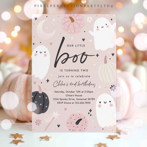 Editable Little Boo Halloween Ghost 2nd Birthday Party Invitation Boho Groovy Ghost Halloween Birthday Party Invite Instant Download 45F