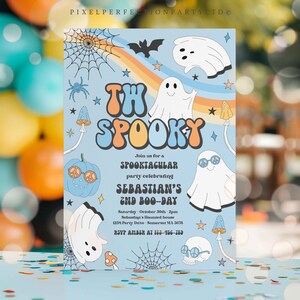 Editable Two Spooky Halloween Ghost 2nd Birthday Invitation Retro Groovy Rainbow Ghost Birthday Hippie Halloween Party Instant Download V1