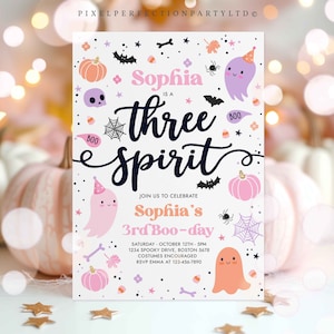 Editable Three Spirit Halloween Ghost 3rd Birthday Party Invitation Cute Pink Ghost 3rd Birthday Spooktacular Party Instant Download F6