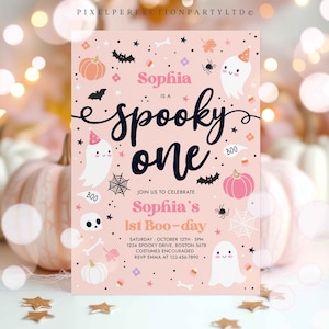 Editable Spooky One Halloween Ghost 1st Birthday Party Invitation Cute Pink Ghost 1st Birthday Spooktacular 1st Birthday Instant Download DS