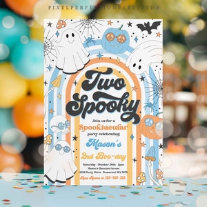 Editable Two Spooky Halloween Ghost 2nd Birthday Invitation Retro Groovy Rainbow Ghost Birthday Hippie Halloween Party Instant Download VN