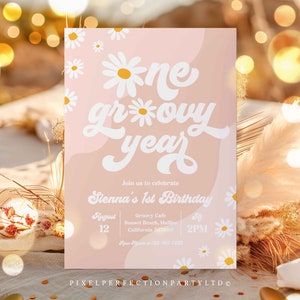 Editable One Groovy Year 1st Birthday Party Invitation Boho Retro ...
