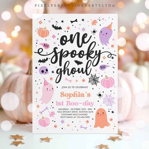 Editable One Spooky Ghoul Cute Pink Ghost 1st Birthday Party Invitation Cute Pink Ghost 1st Birthday Spooktacular Party Instant Download F6