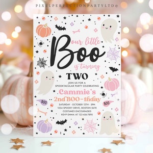 Editable Halloween Little Boo 2nd Birthday Party Invitation Cute Pink Ghost 2nd Birthday Spooktacular 2nd Birthday Instant Download V3