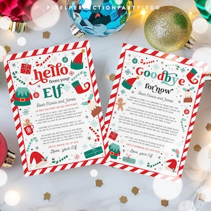 Könnte beinhalten: Zwei Weihnachtskarten mit rot-weiß gestreiften Rändern. Auf einer Karte steht "Hello from your Elf" und auf der anderen "Goodbye for now". Beide Karten haben Elf-Illustrationen und Text. Die Karten liegen auf einer weißen Oberfläche.