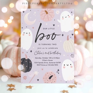 Editable Little Boo Halloween Ghost 2nd Birthday Party Invitation Boho Groovy Ghost Halloween Birthday Party Invite Instant Download 45R