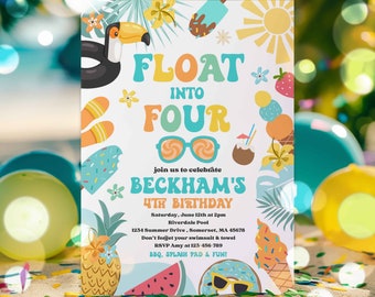 Editable Float Into Four 4th Birthday Pool Party Invitation Tropical Summer Splish Splash Pool Party Invitation Instant Download S5