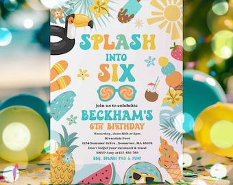 Editable Splash Into Six 6th Birthday Pool Party Invitation Tropical Summer Splish Splash Pool Party Invitation Instant Download S5