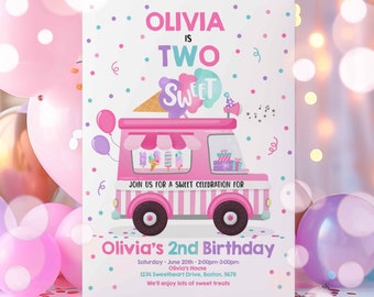 Editable Ice Cream Truck Birthday Invitation Ice Cream Two Sweet 2nd Birthday Party Invitation Two Sweet Ice Cream Party Instant Download WP