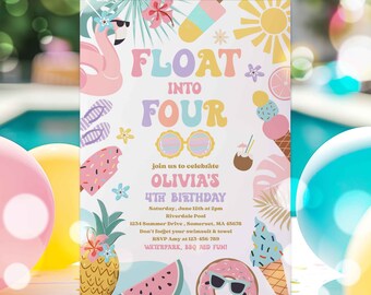 Editable Float Into Four 4th Birthday Pool Party Invitation Tropical Summer Splish Splash Girly Pool Party Invitation Instant Download FK