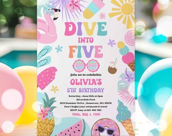 Editable Dive Into Five 5th Birthday Party Invitation Tropical Summer Splish Splash Girly Pool Birthday Party Instant Download 4RE