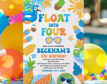 Editable Float Into Four 4th Birthday Pool Party Invitation Tropical Summer Splish Splash Pool Party Invitation Instant Download SQ7