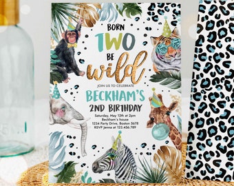 Editable Born To be Wild Safari Animals 2nd Birthday Party Invitation Animal Print Jungle Wild Party Animal 2nd Birthday Instant Download W3