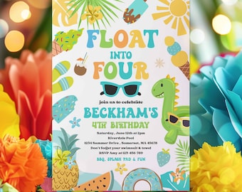 Editable Float Into Four 4th Birthday Pool Party Invitation Tropical Summer Splish Splash Pool Party Invitation Instant Download SQ6