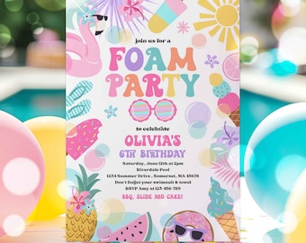 Editable Foam Birthday Party Invitation Tropical Pool Foam Girly Pool Party Invite Summer Splash Pad Party Instant Download 4RE
