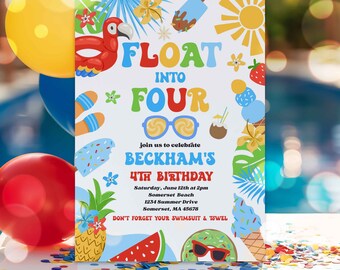 Editable Float Into Four 4th Birthday Pool Party Invitation Tropical Summer Splish Splash Pool Party Invitation Instant Download SQ9