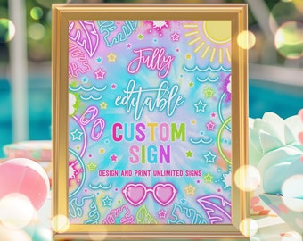 Editable Pool Party Custom Table Sign Tropical Neon Splish Splash Girly Pool Party Fully Editable For Table Sign Decor Instant Download Y3