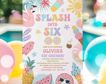 Editable Splash Into Six 6th Birthday Pool Party Invitation Tropical Summer Splish Splash Girly Pool Party Invitation Instant Download FK