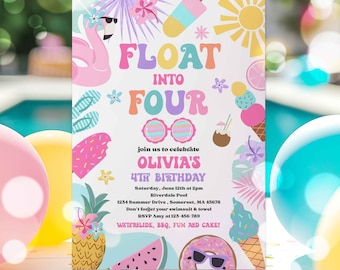 Editable Float Into Four 4th Birthday Pool Party Invitation Tropical Summer Splish Splash Girly Pool Party Invitation Instant Download 4RE