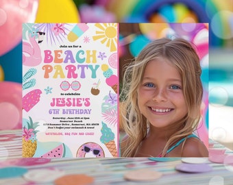 Editable Beach Birthday Party Invitation Tropical Splish Splash Girly Beach Party Invite Summer Party At The Beach Instant Download 4RE
