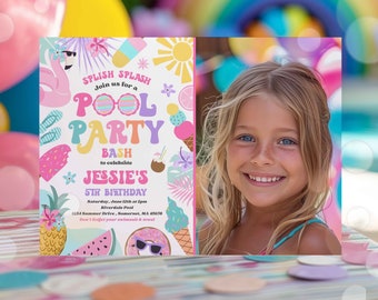 Editable Pool Party Invitation Tropical Splish Splash Girly Pool Party Invitation Summer Swimming Pool Splash Pad Party Instant Download 4RE