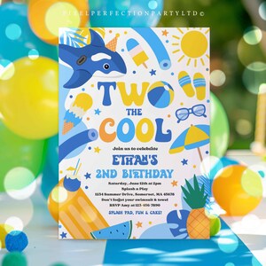 Editable Two Cool Birthday Party Invitation Tropical Splish Splash Summer Boy 2nd Birthday Party Pool Party Birthday Instant Download SQ3