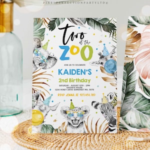 Editable Two At The Zoo Birthday Invitation Safari Animals Invite Jungle Safari Animal 2nd Birthday Party Monochrome Instant Download PS