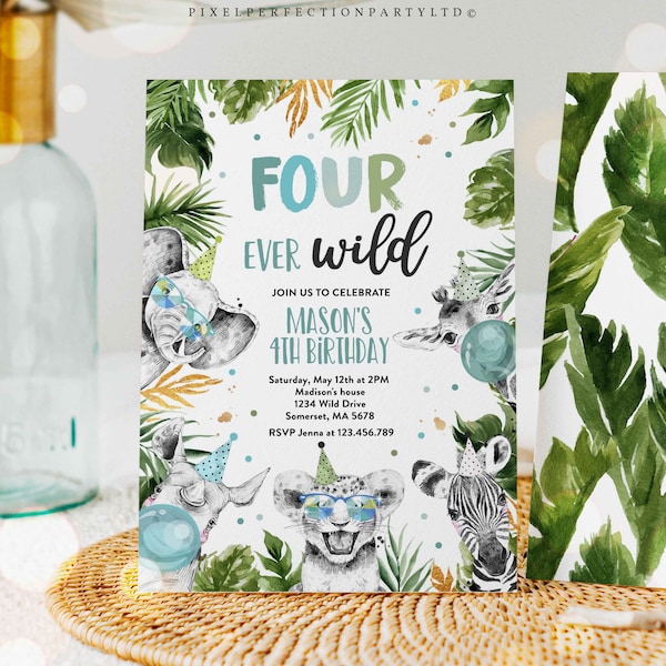 Editable Four Ever Wild Birthday Invitation Safari Animals FourEver Wild 4th Birthday Party Gold Monochrome Jungle Party Instant Download PS