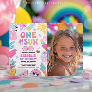 Editable One In The Sun 1st Birthday Party Invitation Tropical Summer Splish Splash Girly 1st Birthday Party Pool Party Instant Download 4RE