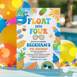 Editable Float Into Four 4th Birthday Pool Party Invitation Tropical Summer Splish Splash Pool Party Invitation Instant Download SQ7