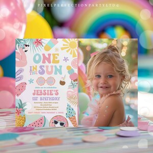 Editable One In The Sun 1st Birthday Party Invitation Tropical Summer Splish Splash Girly 1st Birthday Party Pool Party Instant Download FK