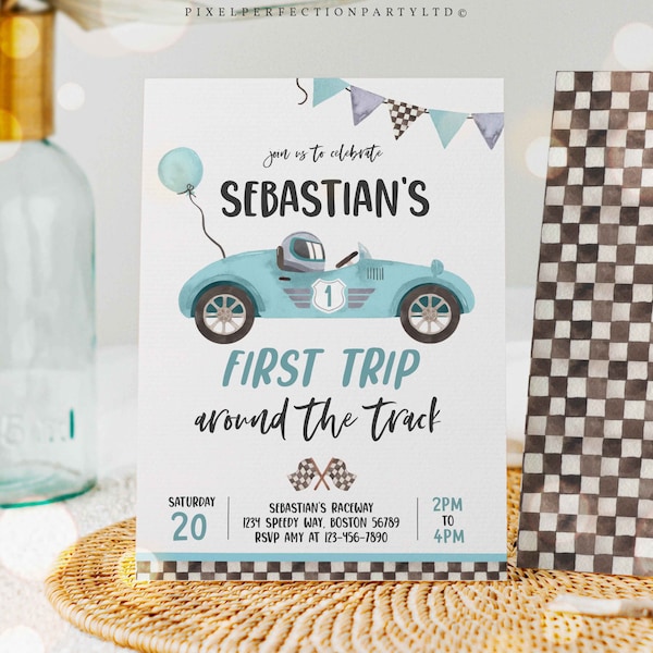 Editable Race Car 1st Birthday Invitation First Trip Around The Track Boy Vintage Red Race Car 1st Birthday Party Instant Download E5
