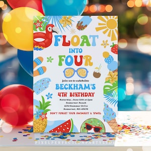 May include: A colorful invitation for a 4th birthday party with a summer theme. The invitation features a bright blue, red, and yellow color scheme with a fun, whimsical font. The text reads "Float into Four" and includes details about the party, including the date, time, and location. The invitation is decorated with images of a pool float, sunglasses, and a watermelon.