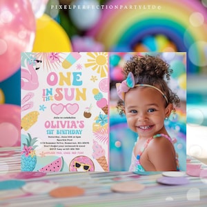Editable One In The Sun 1st Birthday Party Invitation Tropical Summer Splish Splash Girly 1st Birthday Party Pool Party Instant Download 4RW