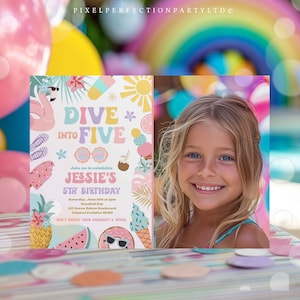 Editable Dive Into Five 5th Birthday Party Invitation Tropical Summer Splish Splash Girly Pool Birthday Party Instant Download FK