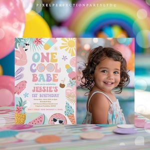 Editable One Cool Babe 1st Birthday Party Invitation Tropical Summer Splish Splash Girly 1st Birthday Party Pool Party Instant Download FK