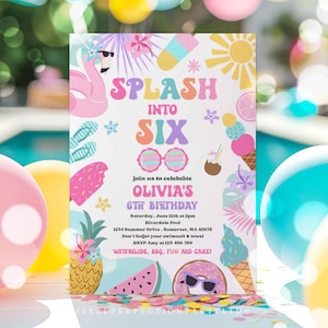 Editable Splash Into Six 6th Birthday Pool Party Invitation Tropical Summer Splish Splash Girly Pool Party Invitation Instant Download 4RE