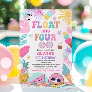 Editable Float Into Four 4th Birthday Pool Party Invitation Tropical Summer Splish Splash Girly Pool Party Invitation Instant Download 4RE