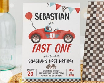 Editable Fast One Race Car 1st Birthday Invitation Race Car Fast One Birthday Boy Vintage Red Race Car 1st Birthday Instant Download VR