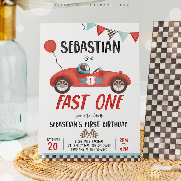 Editable Fast One Race Car 1st Birthday Invitation Race Car Fast One Birthday Boy Vintage Red Race Car 1st Birthday Instant Download VR