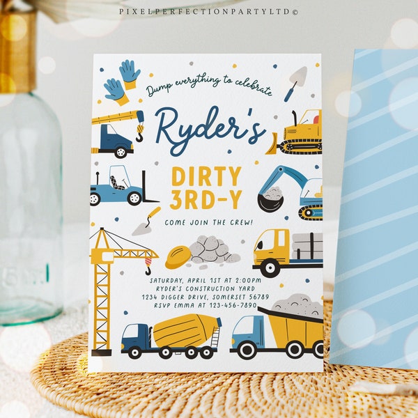 Editable Construction Dirty 3rd-y Birthday Invitation Dump Truck Birthday Party Digger Excavator Construction Party Instant Download 9U7